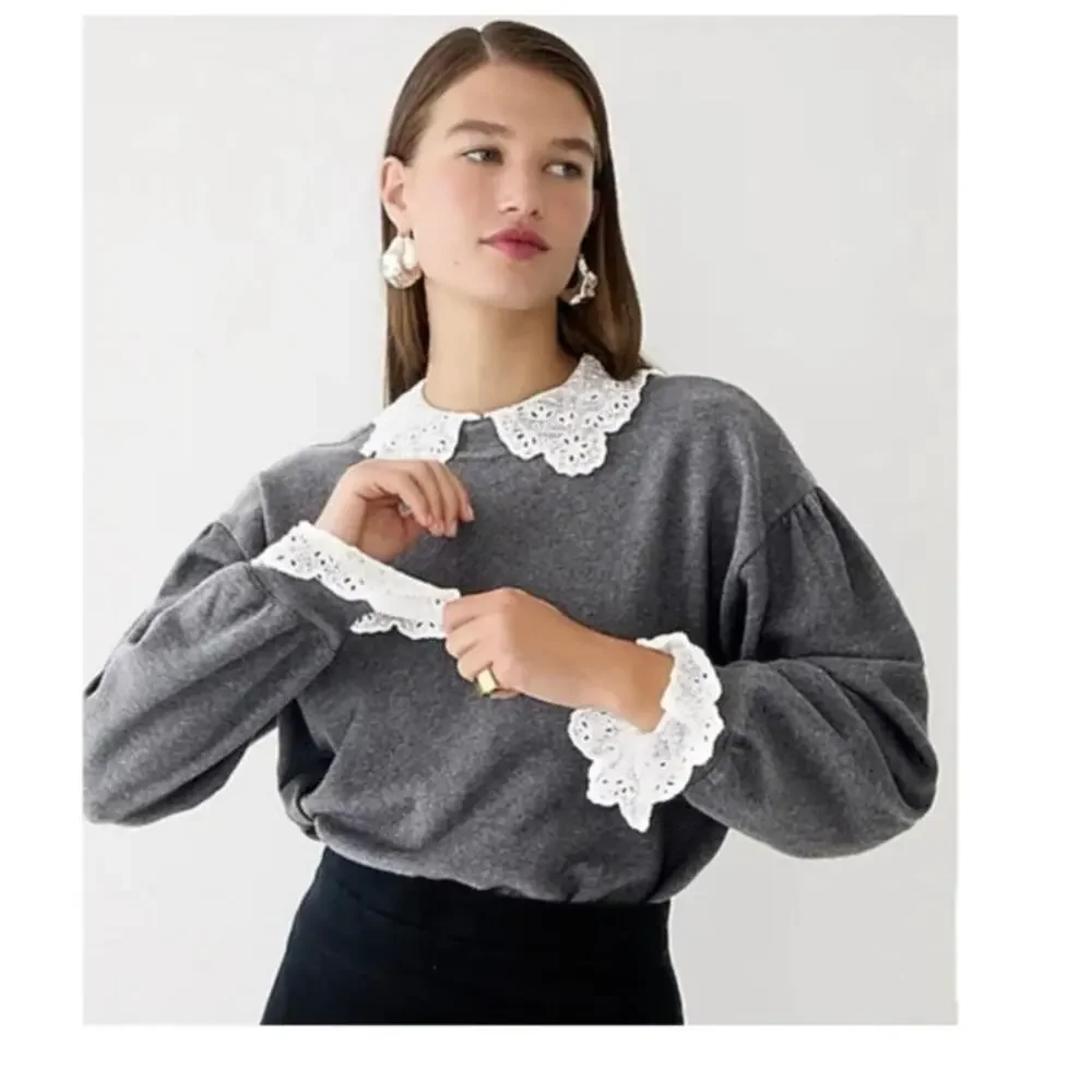 J Crew Womens XS Gray Sweater Eyelet Lace Peterpan Collar Ruffle Cuffs Cotton